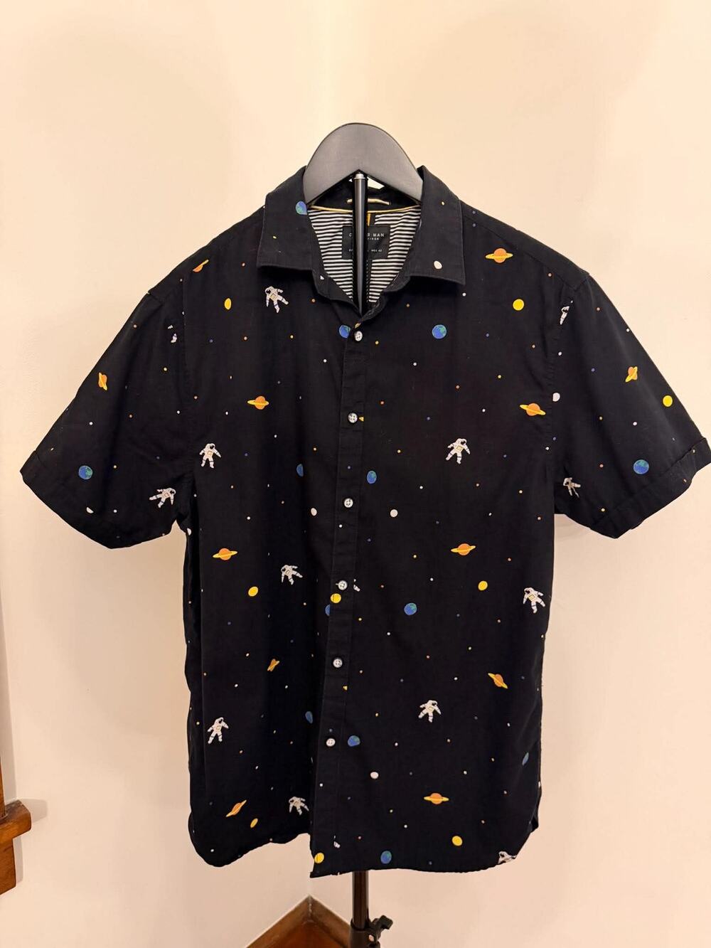 Cactus Man Ricky Singh Space Astronaut Planet Print Button Down Shirt Large